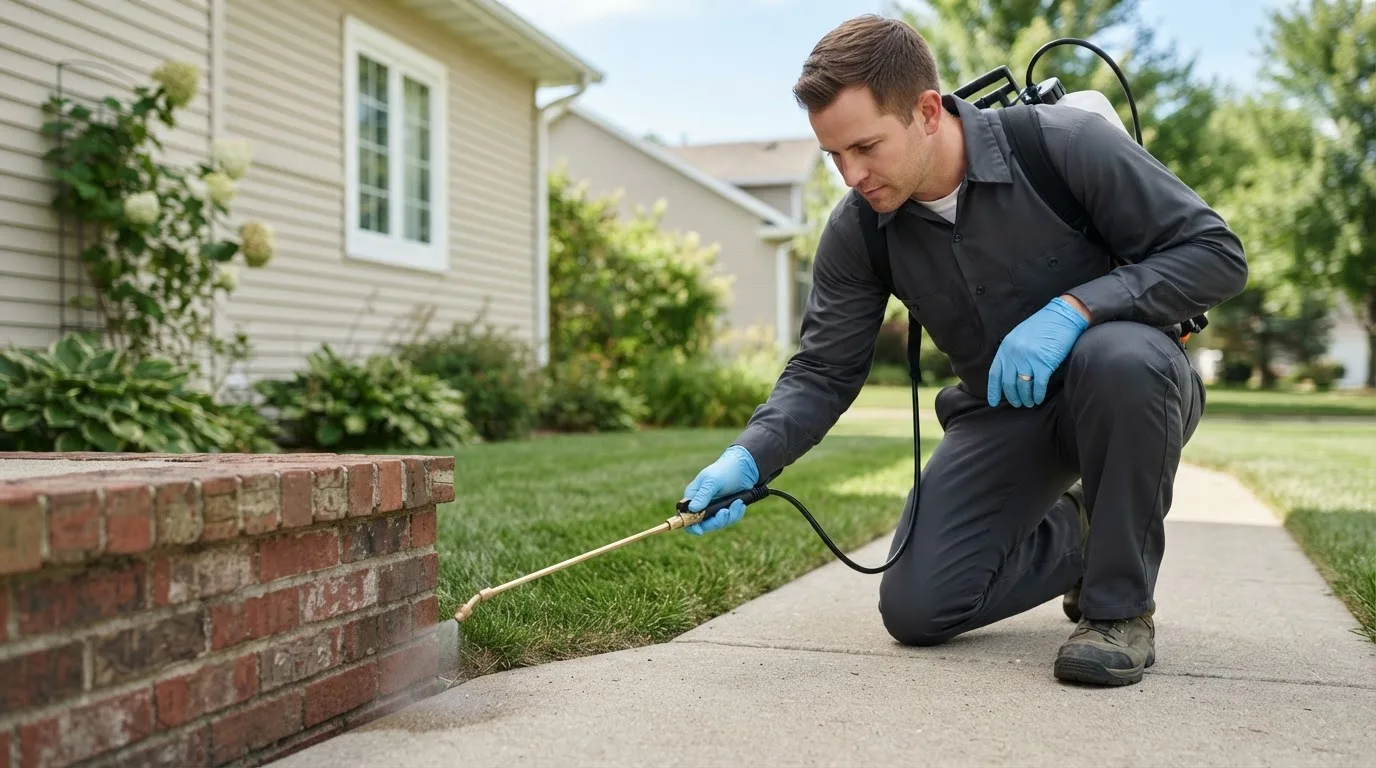 Pest control technician treating a home near Walsh, IL
